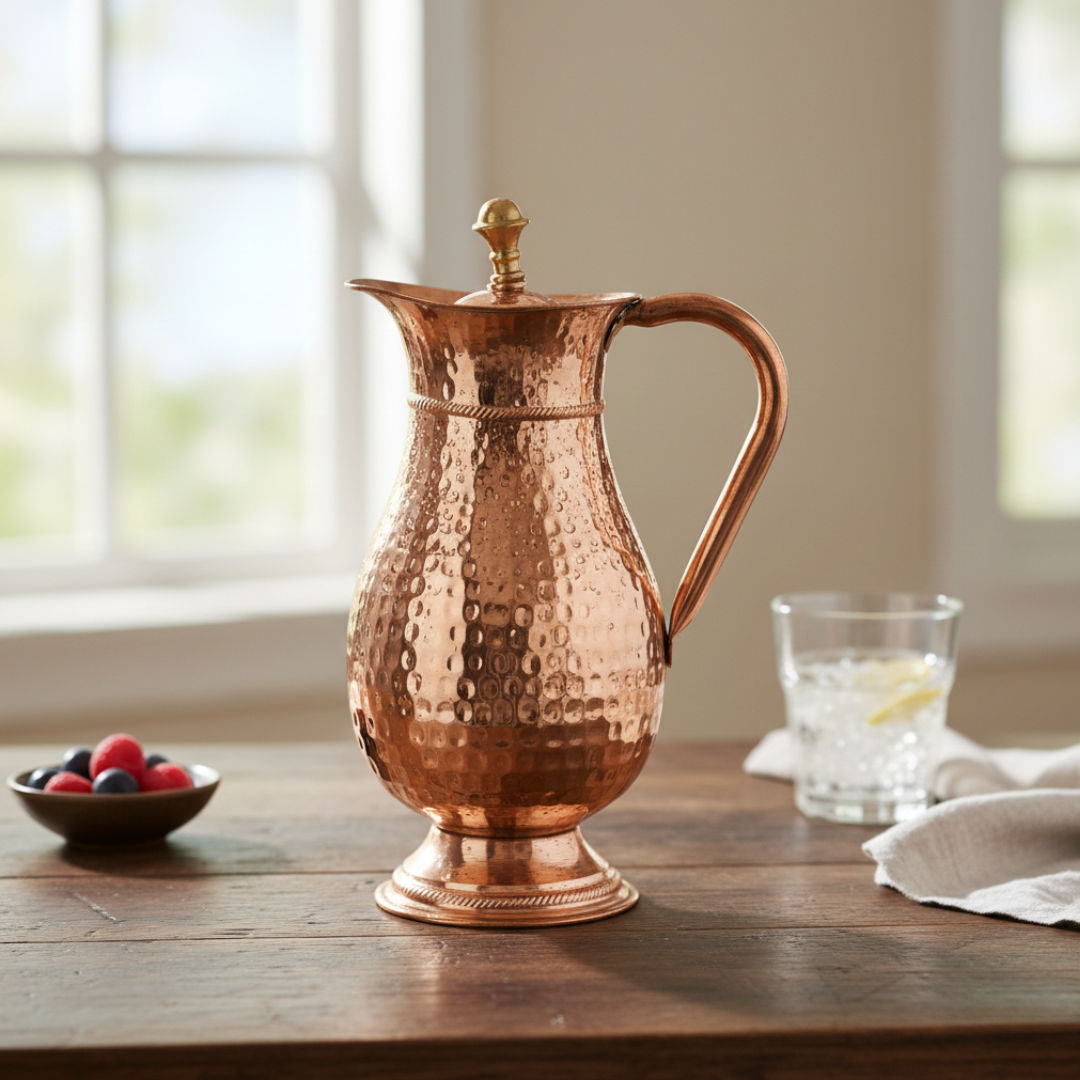 Pure copper antique hammered design mughlai jug with lid hammered, 1500 ML